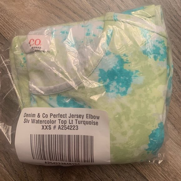 NWT DENIM & CO. PERFECT JERSEY ELBOW SLEEVE WATERCOLOR TOP LIGHT TURQUOISE XXS - Picture 6 of 8